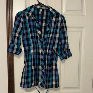 Blue and Black Plaid Button-Up Shirt